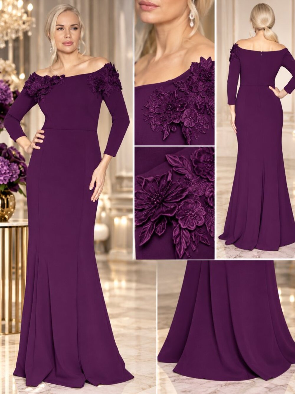 White Tie by Shani Plum Off Shoulder Floral Applique Formal Gown 10 NWT